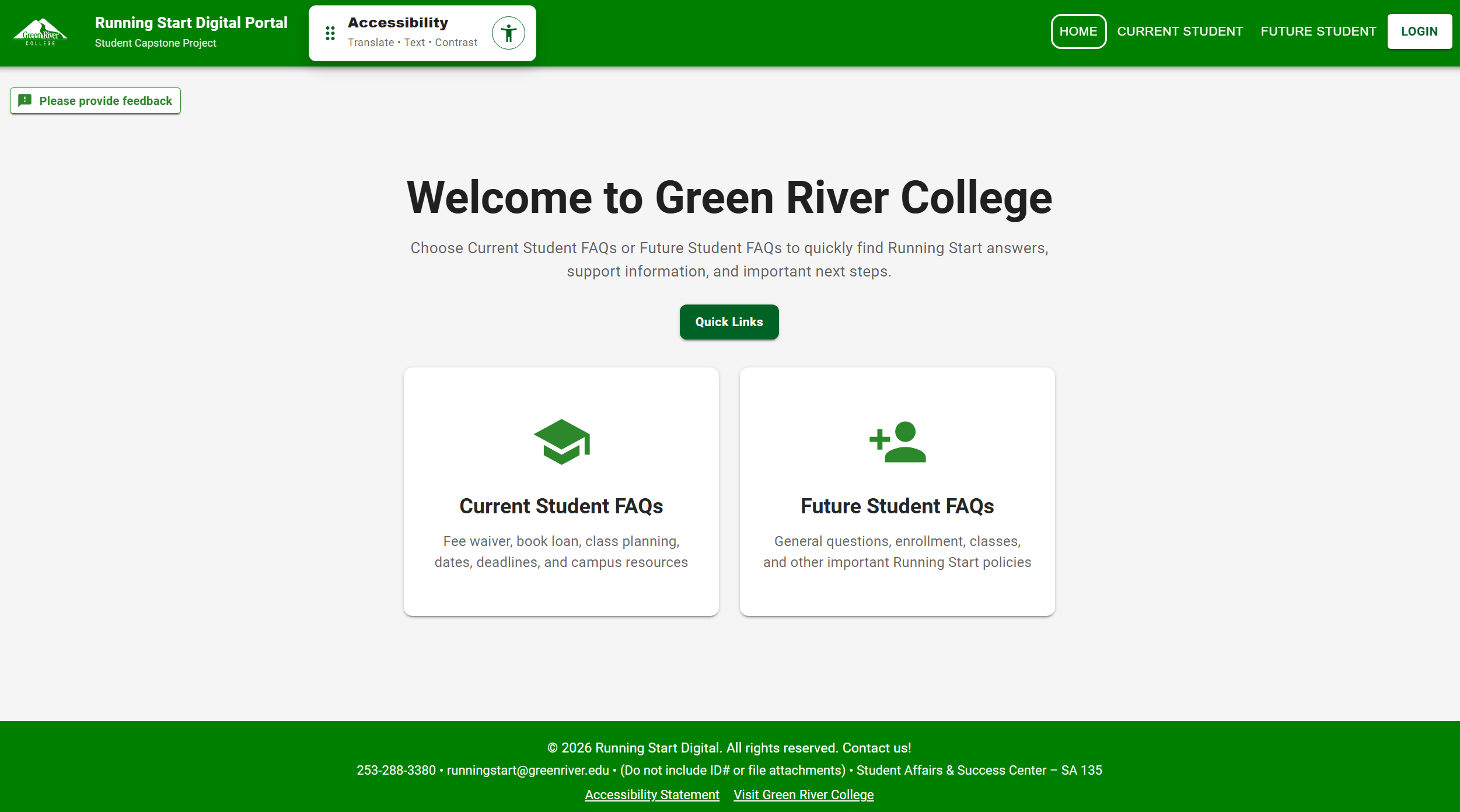 Screenshot of the Running Start student resource portal